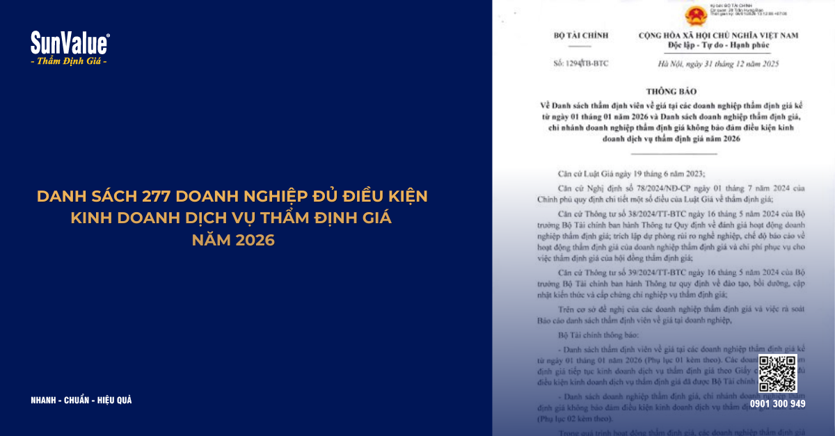 DANH SÁCH 277 DOANH NGHIỆP ĐỦ ĐIỀU KIỆN KINH DOANH DỊCH VỤ THẨM ĐỊNH GIÁ NĂM 2026 (MỚI NHẤT)