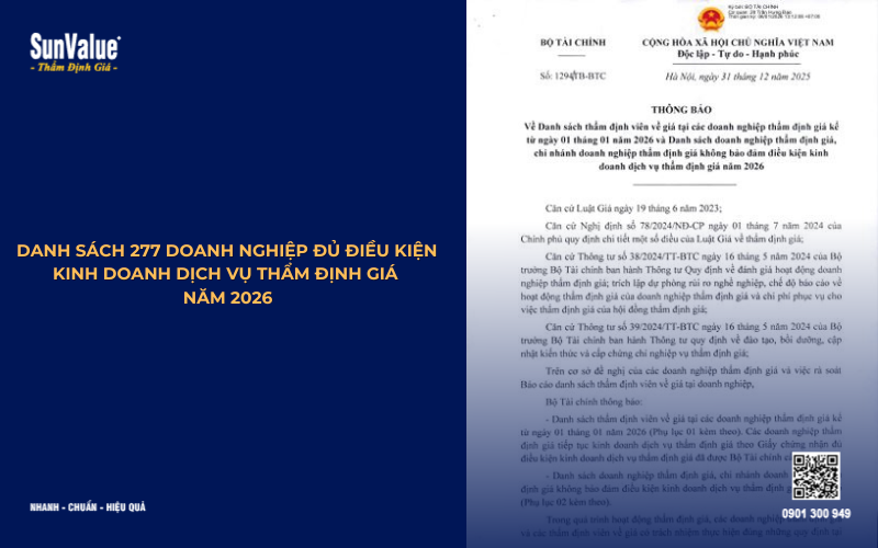 Danh sách doanh nghiệp đủ điều kiện kinh doanh thẩm định giá năm 2026